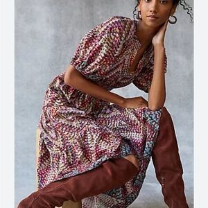 Anthropologie Conditions Apply Puff Sleeved Midi Dress Tiered Vneck Sz 4